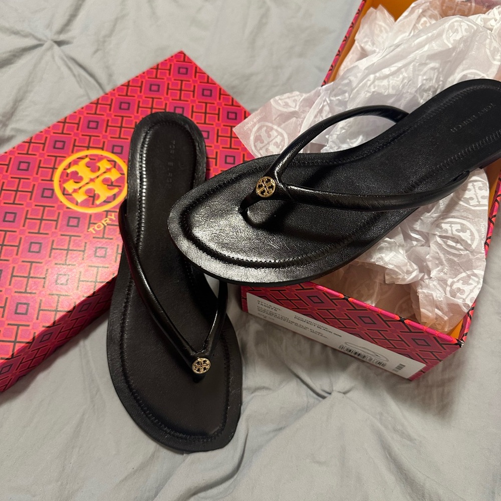 Tory Burch Black Sandals with Signature Medallion